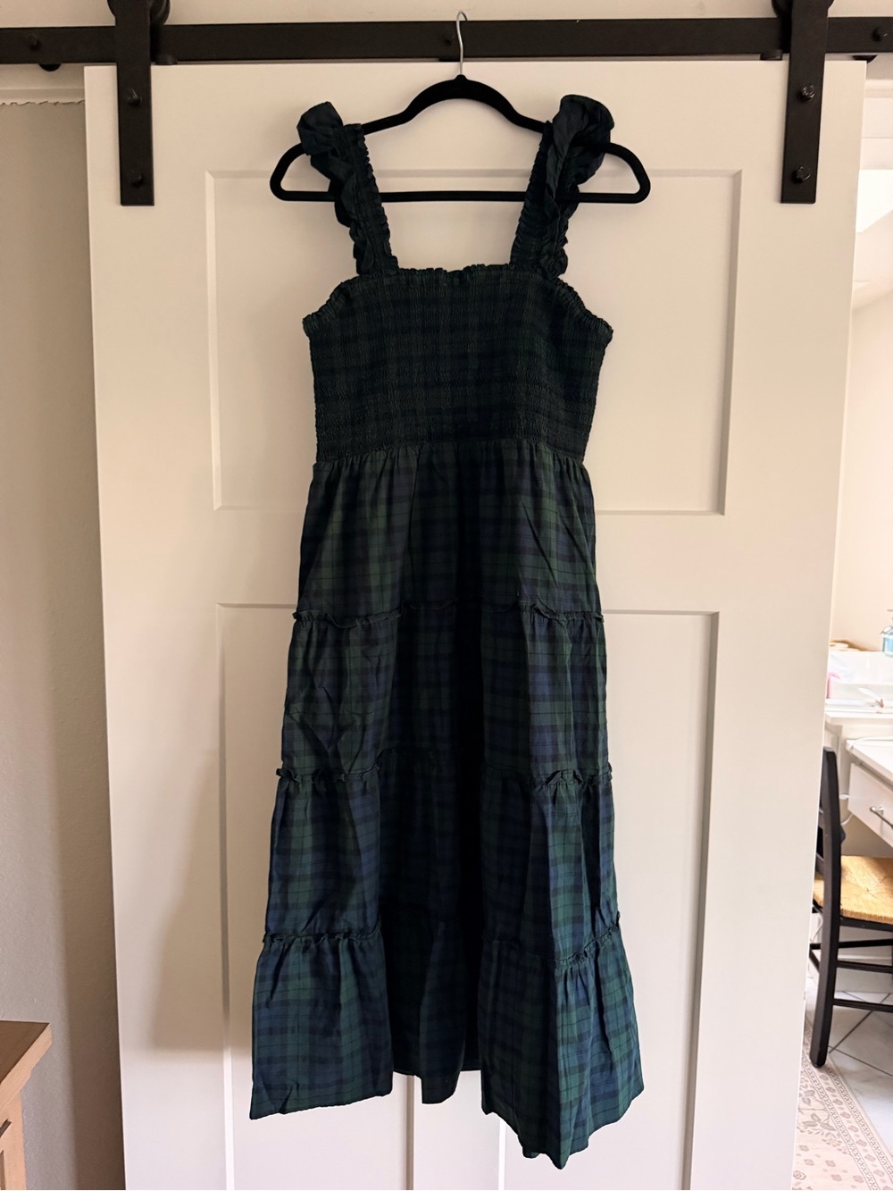 J. Crew Factory Navy & Green Plaid Smocked Tiered Midi Dress - Picture 2 of 9